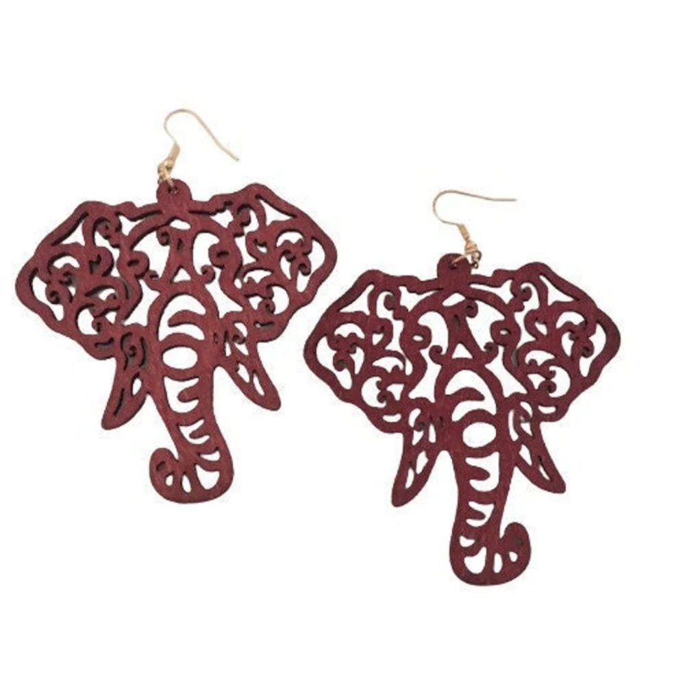 Large Maroon Burgundy Wooden Elephant Earrings~Roll Tide Earrings